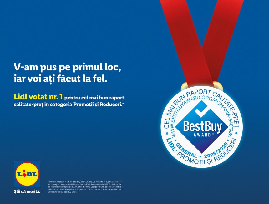 Lidl, votat de clienți numărul 1 în România pentru cel mai bun raport calitate–preț la categoria Promoții și Reduceri