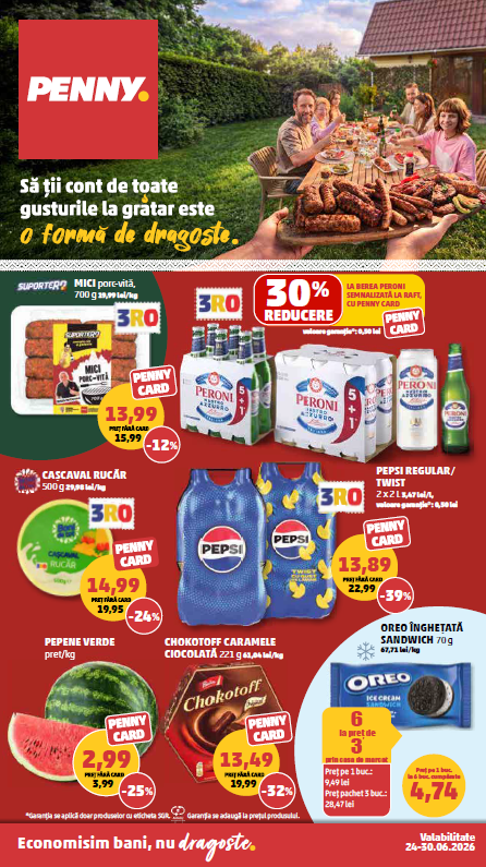Pliant PENNY 24-30 iunie 2026 PENNY România: oferte la fructe și legume de sezon, produse pentru grătar din gama Hanul Boieresc și o selecție cu specific mexican și spaniol